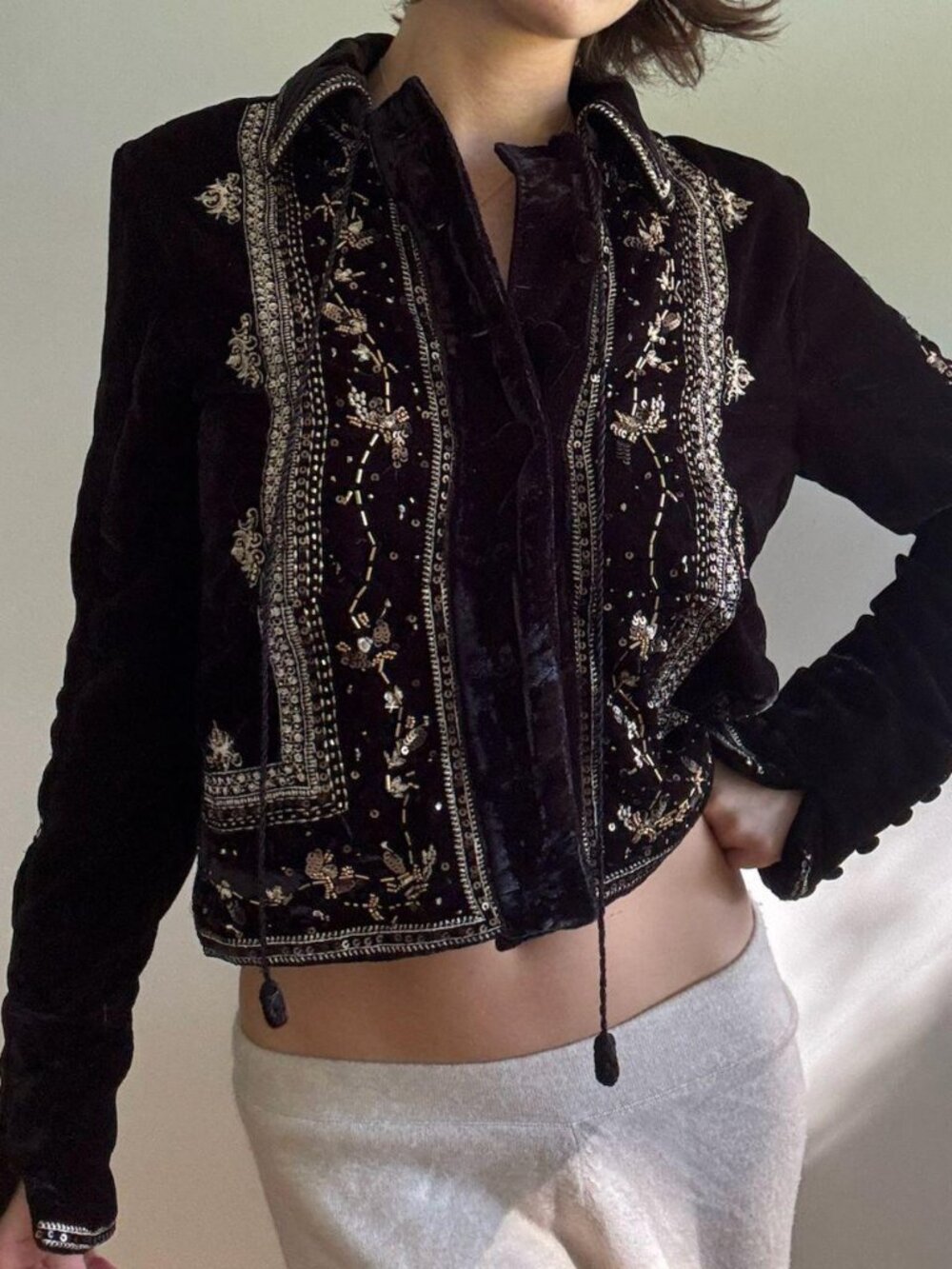 Free People Maaxie Embellished Velvet Bolero Jacket XS Black